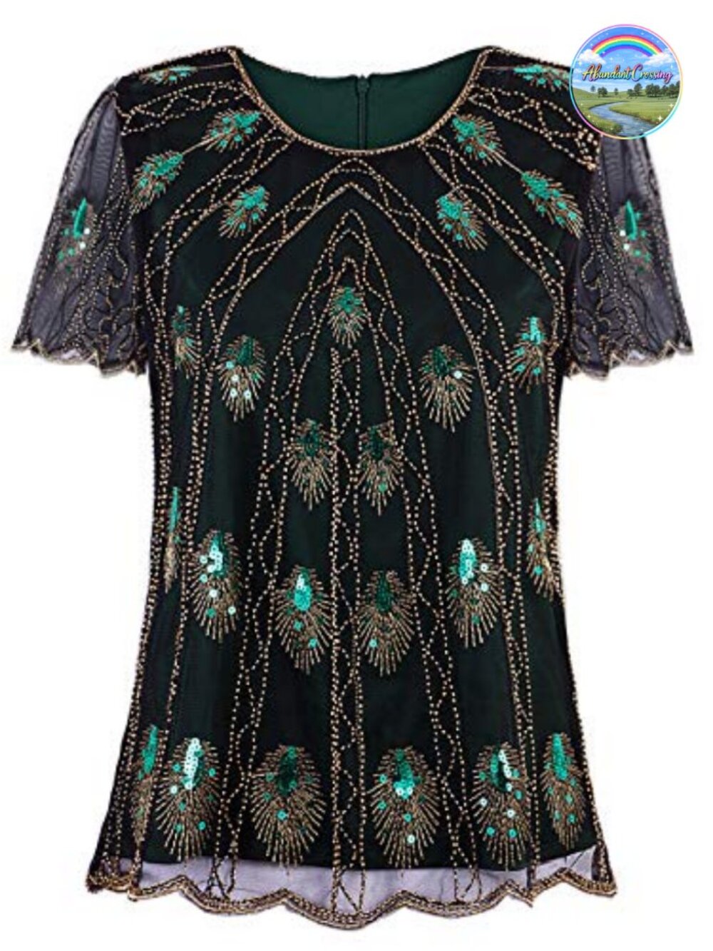 Vijiv Beaded Sequin Blouse Scalloped Hem Evening Top Tunic